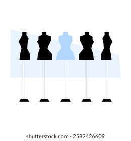 Row of Dress Mannequins in Flat Vector Illustration Symbolizing Fashion Design, Garment Creation, and Clothing Display, Isolated on White Background