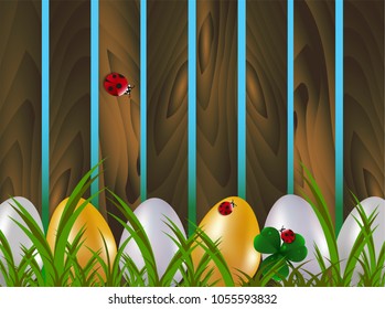 A row of dyed easter eggs in green grass next to wooden country garden fence with red ladybugs. Spring holiday vector background. Earter egg hunt