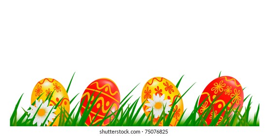 Row of Easter Eggs with Daisy on Fresh Green Grass. Vector illustration.