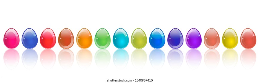 row of easter eggs with reflection