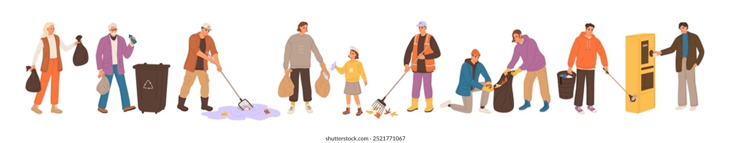 Row of eco friendly people care about ecology, sorting rubbish. Different men, women cleaning environment: gather garbage, picking litter, trash with tool. Flat isolated vector illustrations on white