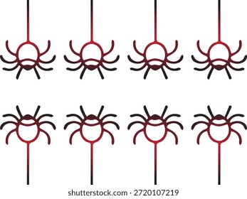 Una fila de ocho arañas rojas estilizadas que cuelgan de hilos negros representados en una Ilustración vectorial simple sobre fondo transparente