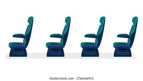 Row of empty passenger seats for public transport on white background. Aisle with business class, first class or economy seats concept for airplane, train or bus. blue color.