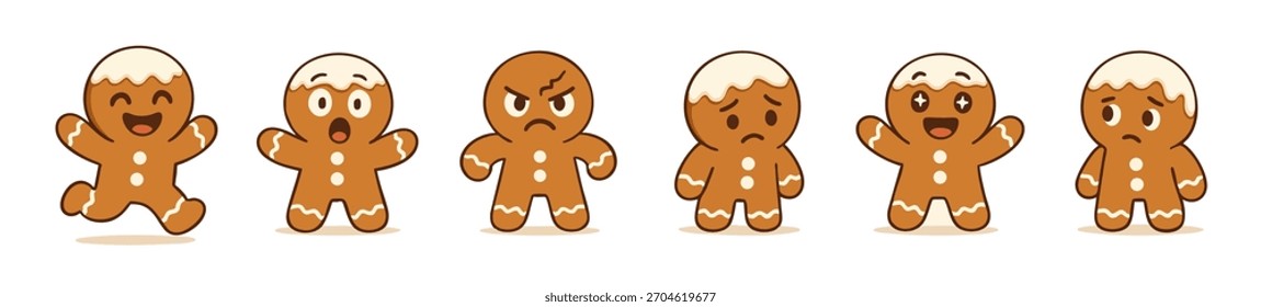 Row of Expressive Gingerbread Men Characters with Various Emotions and Festive Decorative Icing