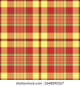 Vetor de tecido de fileira xadrez, outono tartan fundo sem emenda. Padrão estético verificar textura têxtil em laranja e vermelho paleta de cores.