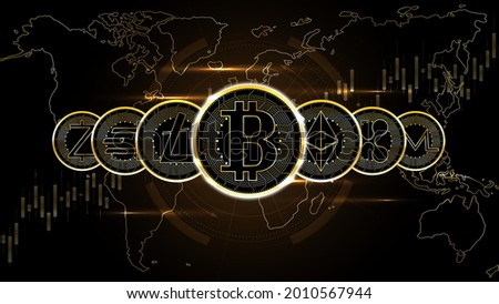 The row of famous cryptocurrency coins digital money network technology background