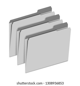 Row of file folders with tab dividers isolated on white background, realistic vector mockup.