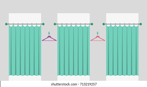 Row of fitting rooms with curtains in a fashion shop. Cabins for trying on clothes in a shopping mall. Vector illustration.