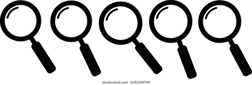 Uma fileira de cinco lupas pretas sobre um fundo branco, simbolizando a busca e a descoberta.