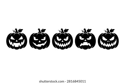 A row of five black pumpkin silhouettes, each with a uniquely carved and spooky face, perfect for Halloween designs.