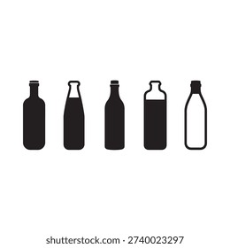A row of five black and white bottle silhouettes with varying shapes