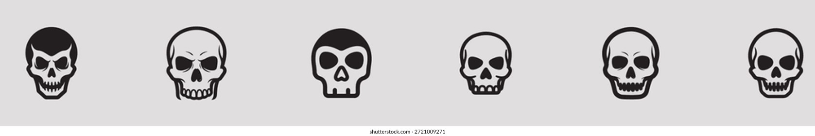 Uma linha de cinco ícones de caveira preto e branco sobre um fundo cinza