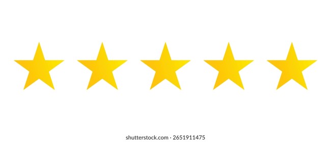 A row of five bright yellow stars with a gradient effect, presented on a clean white background. This graphic symbolizes excellence, achievement, or a perfect rating.