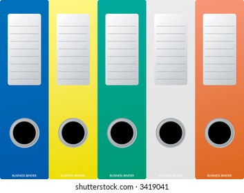 Row of five business binders in multi colours