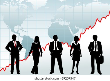 Row of five business investment counselors stand in front of global growth chart world map