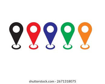 Una fila de cinco coloridos iconos de pin de ubicación