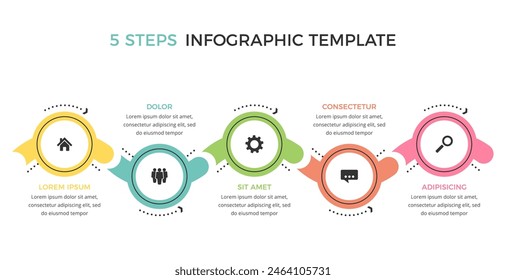 Row of five connected circles with icons and place for text, flat business infographic template, vector eps10 illustration