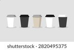 Row of five disposable coffee cups showing various combinations of white, black, and beige cups with colorful lids.