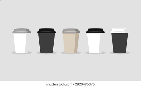 Row of five disposable coffee cups showing various combinations of white, black, and beige cups with colorful lids.