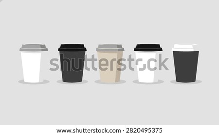 Row of five disposable coffee cups showing various combinations of white, black, and beige cups with colorful lids.