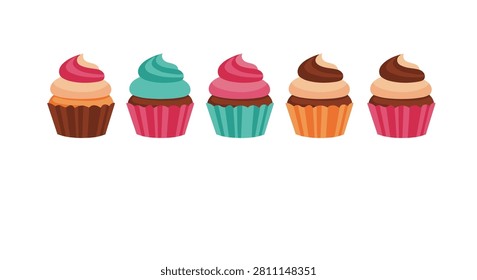 Row of five distinct cupcakes with different frosting colors and designs is presented in a clean and simple vector illustration.