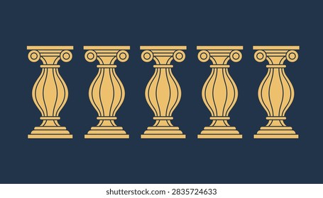 Row of five elegant classical golden balustrades architectural pillars isolated on a dark blue background.