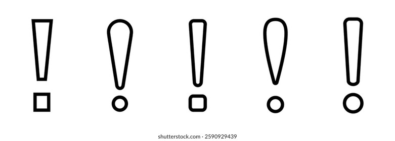 A row of five exclamation marks, each with a unique style showcasing different shapes.