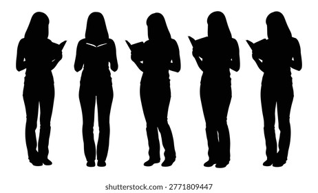 A row of five female silhouettes engrossed in reading, symbolizing learning and intellectual pursuits.