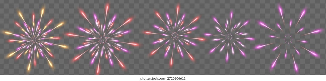 Fila de cinco fuegos artificiales con diferente intensidad sobre un fondo oscuro. Tonos púrpuras dominantes con estallidos brillantes blancos, rojos, rojos claros y dorados para el diseño festivo de la celebración.