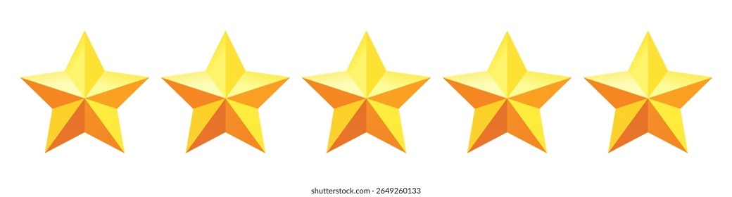 Row of five golden rating stars. Bright yellow 3D stars on white background, perfect for review, rating, feedback and quality concept design.