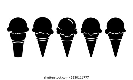 A row of five ice cream cones featuring various flavors and toppings, showcasing a colorful and appealing dessert presentation.
