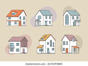 A row of five isometric houses with different colored roofs, including orange, blue, pink, yellow, and purple, set against a soft peach background