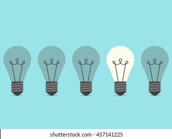 Row of five lightbulbs with one burning on blue background. Inspiration, discovery, idea and insight concept. Flat design. Vector illustration. EPS 8, no transparency