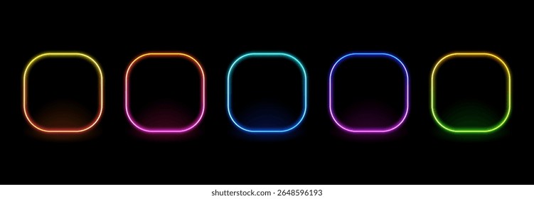 Uma linha de cinco quadros de retângulo arredondado com brilho de néon em cores diferentes para o design da borda. Vetor de exibição de luz vibrante abstrato para a interface do usuário.