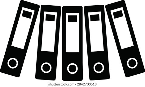 A row of five office ring binders arranged in a slight arc, represented as simple black vector icons for document organization.
