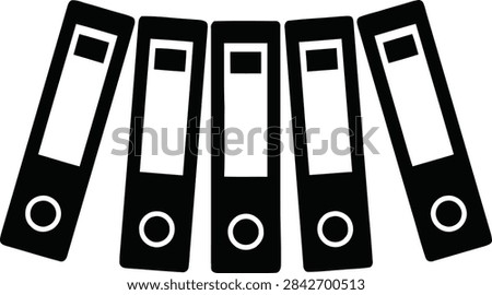 A row of five office ring binders arranged in a slight arc, represented as simple black vector icons for document organization.