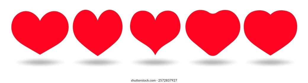 Row of five red hearts with drop shadows on a white background. Minimalistic love and Valentines Day illustration