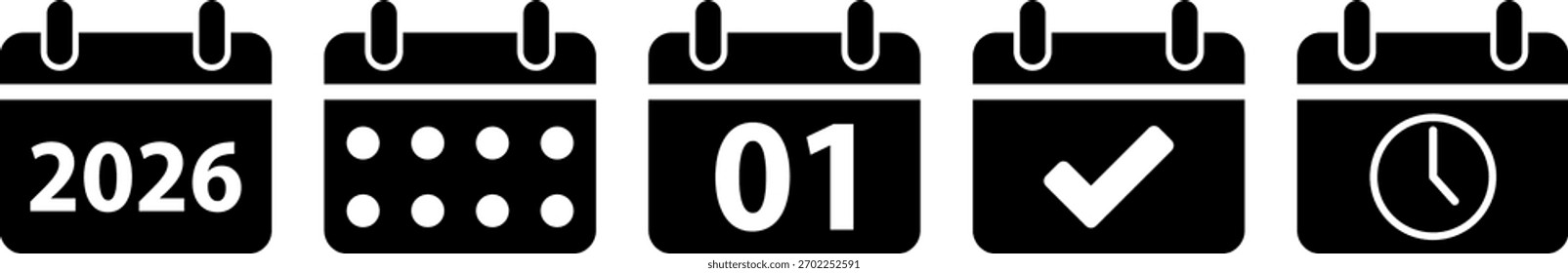 Una fila de cinco páginas de calendario estilizadas, cada una mostrando información diferente: año, puntos, día, una marca de verificación y un icono de reloj.