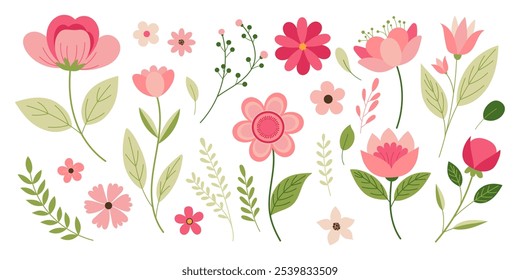 A row of flowers with a variety of colors and sizes. Some of the flowers are pink and some are green