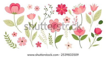A row of flowers with a variety of colors and sizes. Some of the flowers are pink and some are green