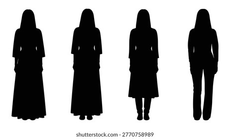 A row of four black silhouettes depicting women in modest islamic attire, emphasizing cultural and religious identity.