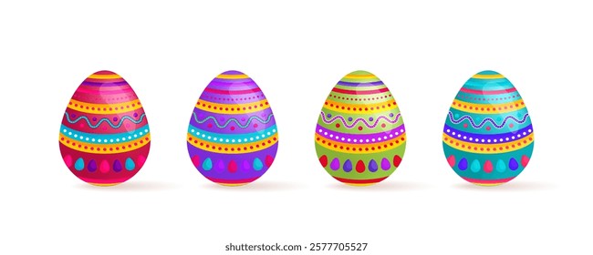 A row of four colorful Easter eggs with different patterns, perfect for celebrating the spring holiday.