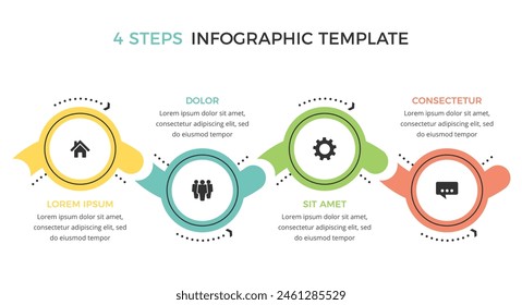 Fila de cuatro círculos conectados con iconos y lugar para el texto, Plantilla infográfica de negocios plana, ilustración eps10 de Vector