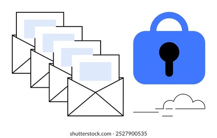 A row of four envelopes with letters and a large blue padlock symbolize email security and data protection. Ideal for cybersecurity online safety encrypted communication data privacy protection