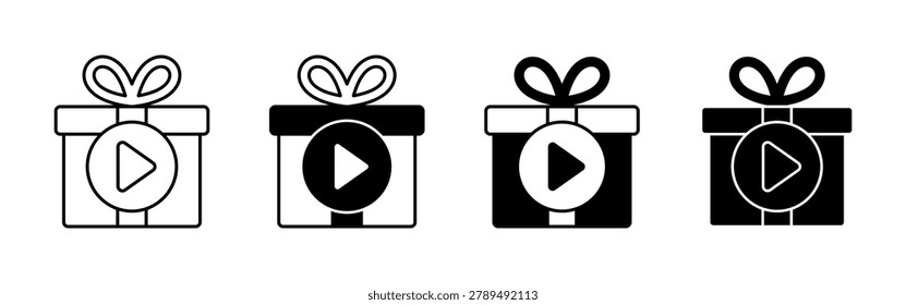 A row of four gift box icons, each featuring a bow and a central play button symbol in different styling variations.