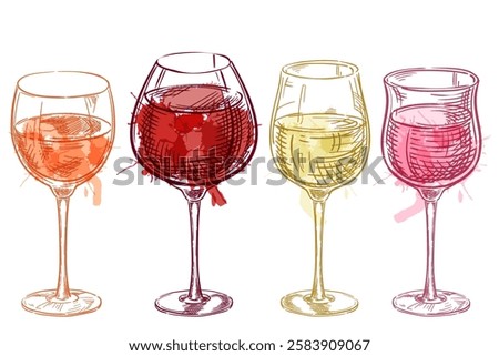 Row of four glasses with different sort of wines. Vector hand drawn watercolor sketch illustration isolated on white background. Winery shop label, menu design element