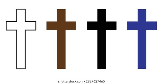 A row of four simple cross symbols displayed in different colors and styles on a plain white background, representing faith and spirituality.