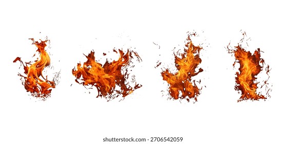 Fila de cuatro Elementos realistas Pequeños del Vector de la llama del fuego aislados en blanco
