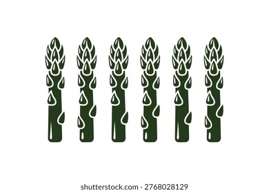 Row of fresh green asparagus spears with detailed silver dew drop accents, healthy vegetable, vegetarian food, nature's bounty, culinary ingredient, garden fresh.