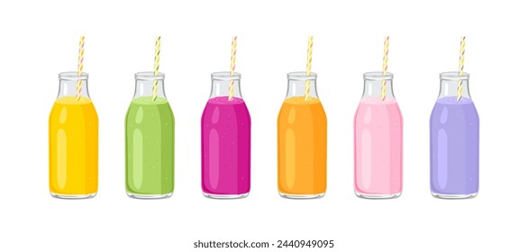 Row of fresh smoothies in glass bottles with straws isolated on white. Vector cartoon illustration of different healthy juices.